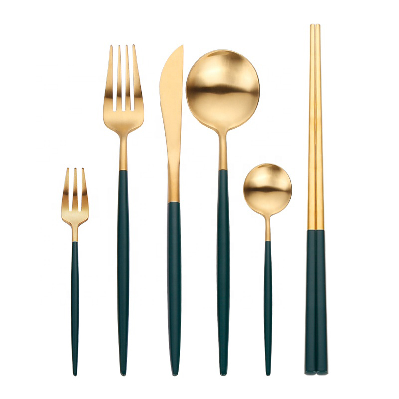 Roheline käepide Roostevaba Terane Pulm Täisrestoran Matte Gold Spoon Fork Knife Cutlery Set