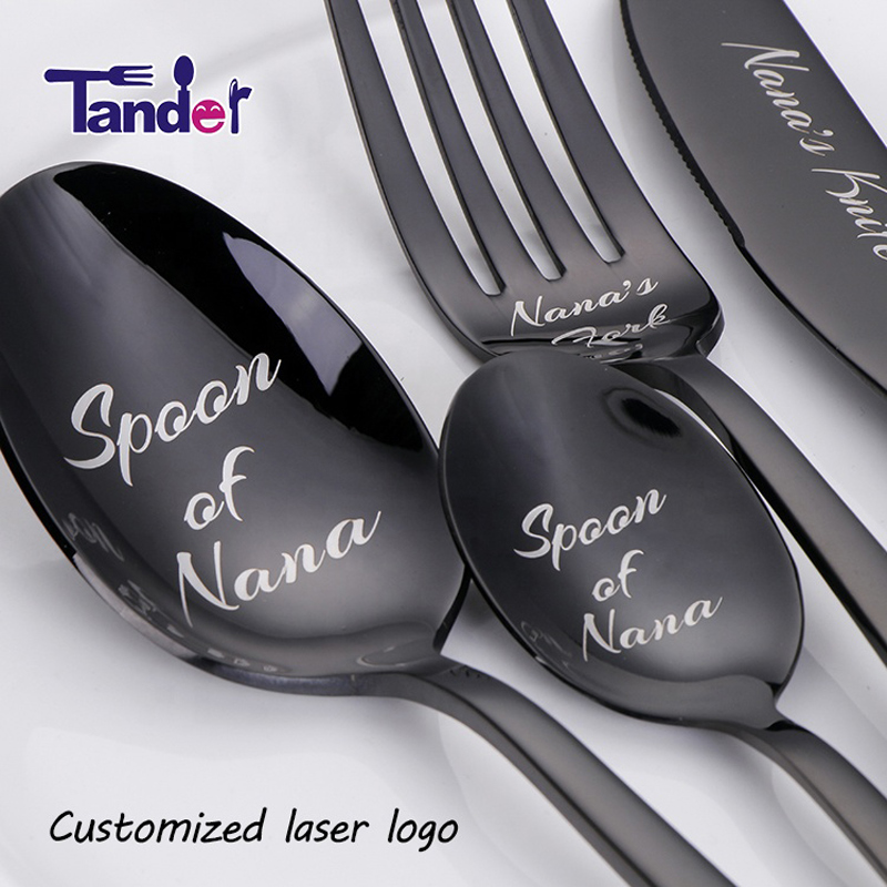 Kohandatud laser sinu nimi Logo Tekst Stainless Steel Cutlery Set Knife Fork Spoon